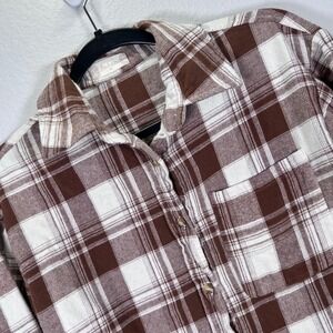Altard State Flannel Shirt Plaid Button‎ Up Long Sleeve Brown White XS